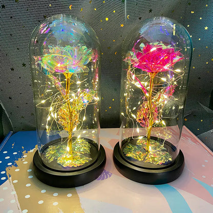 LED Glass Dome Faux Gold Foil Rose Eternal Flower