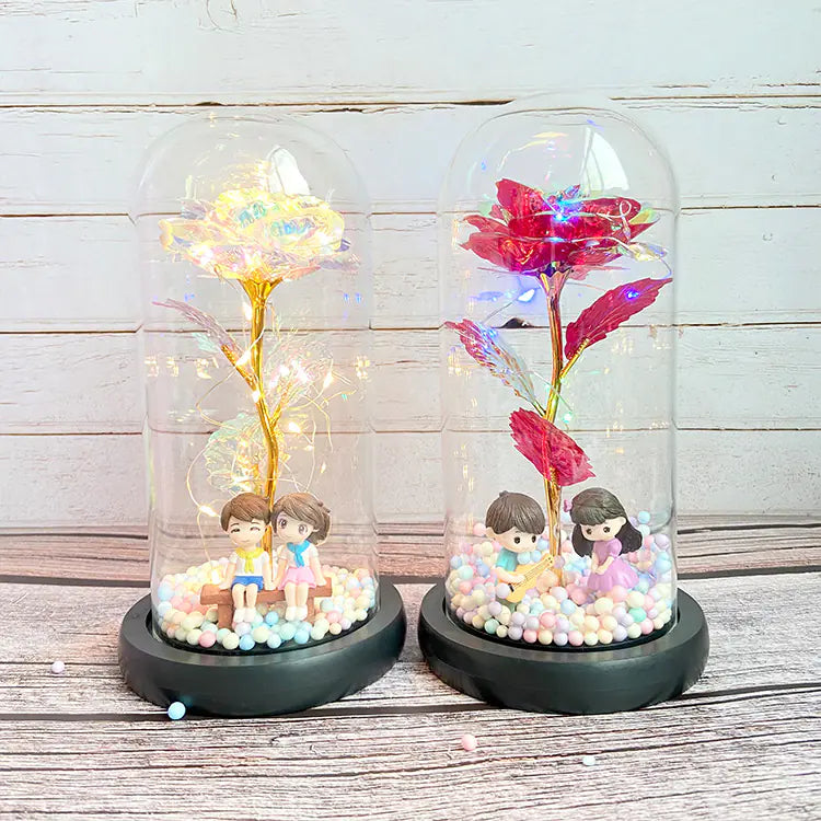 LED Glass Dome Faux Gold Foil Rose Eternal Flower