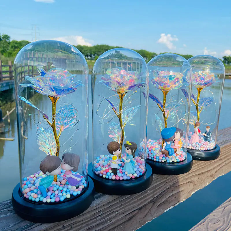 LED Glass Dome Faux Gold Foil Rose Eternal Flower