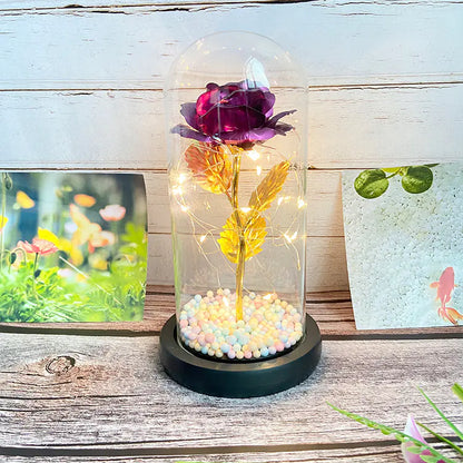 LED Glass Dome Faux Gold Foil Rose Eternal Flower