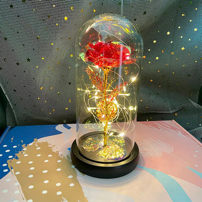 LED Glass Dome Faux Gold Foil Rose Eternal Flower