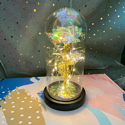LED Glass Dome Faux Gold Foil Rose Eternal Flower