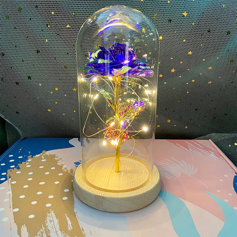 LED Glass Dome Faux Gold Foil Rose Eternal Flower