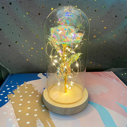 LED Glass Dome Faux Gold Foil Rose Eternal Flower